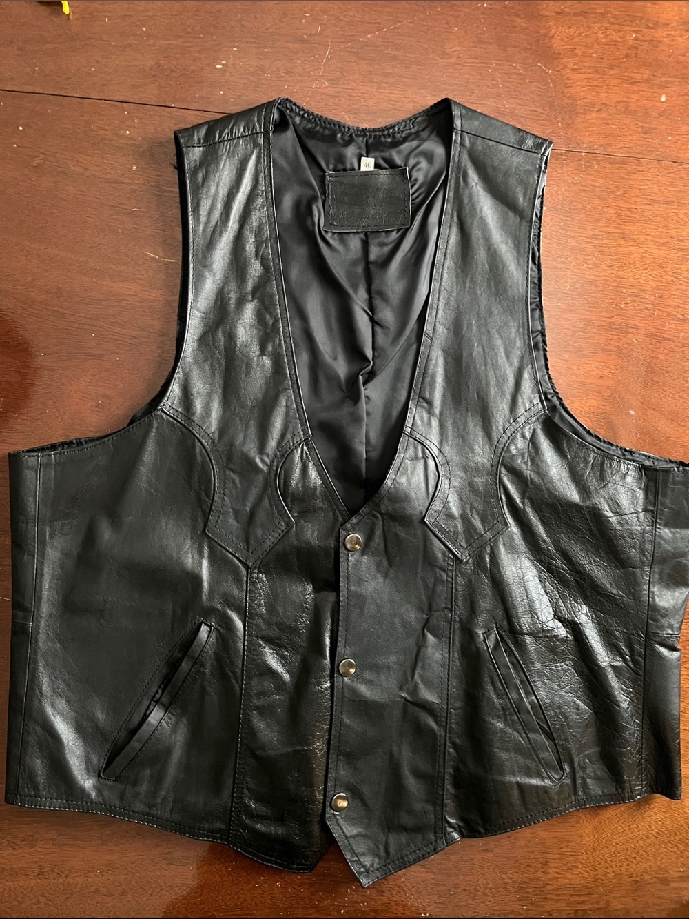Black Genuine Leather Motorcycle Vest Biker Club Cut Size 46 Western Yoke